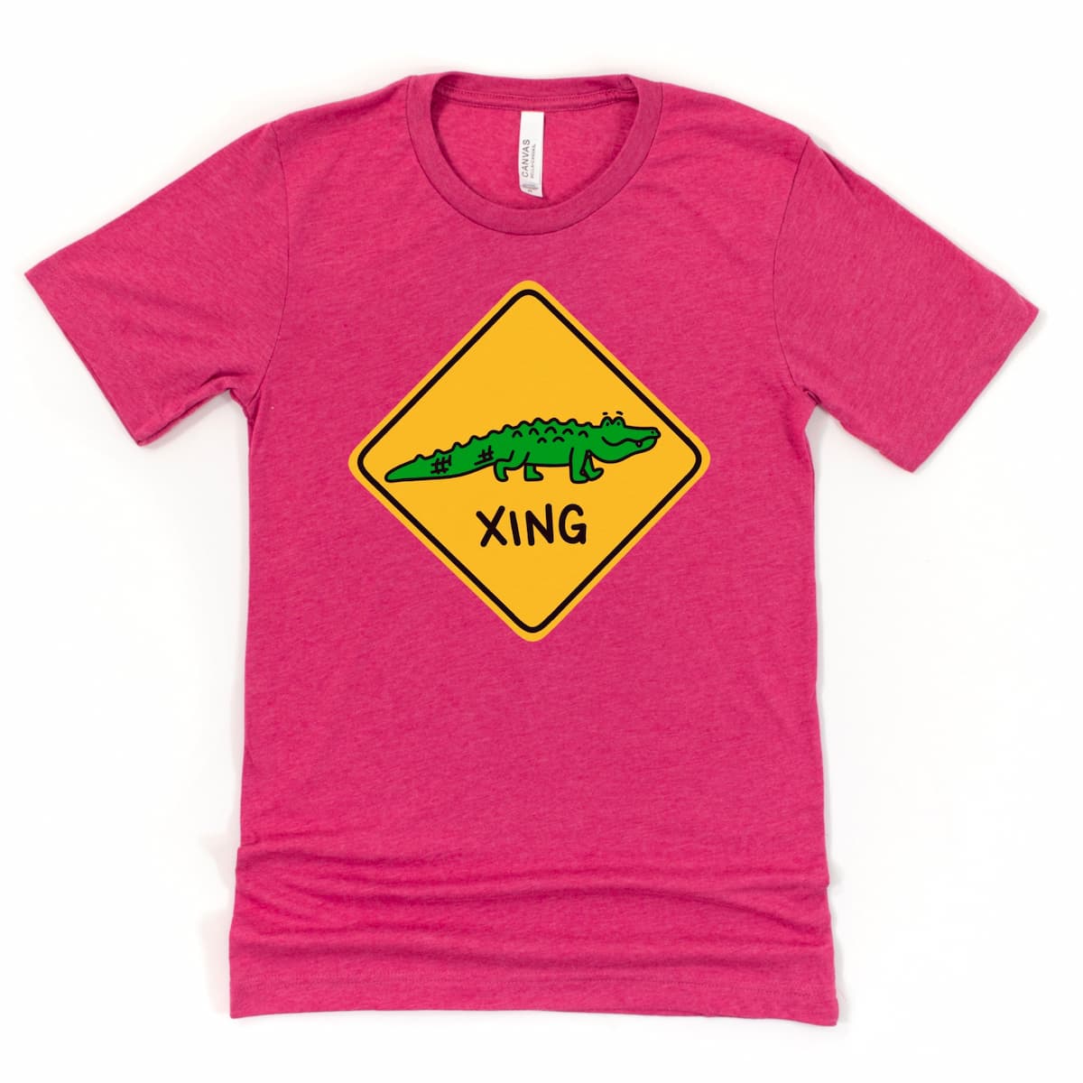 Alligator Crossing Shirt in Heather Raspberry with a quirky cartoon gator sign graphic, by Kalirally