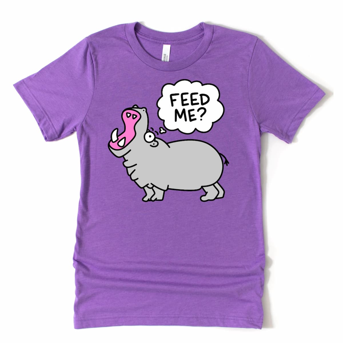 Always Hungry Hippo Shirt in Heather Purple with cartoon hippo design and “Feed Me?” phrase, funny animal tee by Kalirally