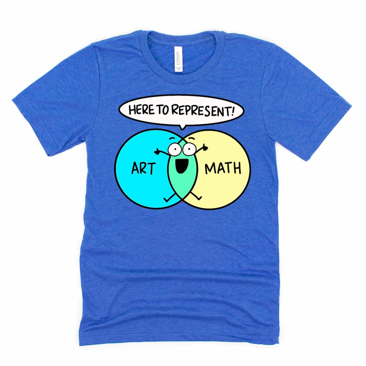 Heather Royal Blue architect graphic shirt with creative cartoon character at the intersection of art and math, by Kalirally
