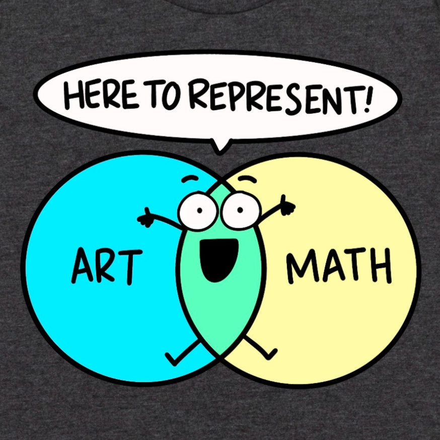 Close-up view of Heather Dark Grey architects t-shirt showing detailed cartoon Venn diagram of art and math, by Kalirally