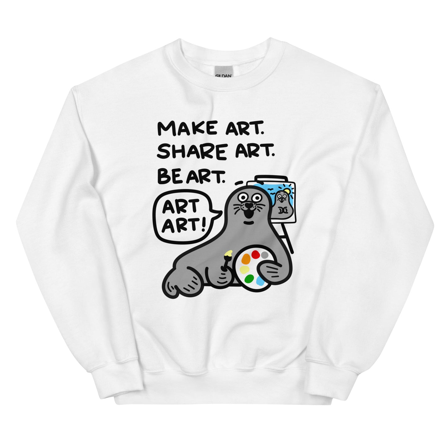 Unleash laughter and imaginative vibes with this light-hearted sweatshirt in white for those who teach and create! Showcasing a seal clutching a color palette and a work in progress, it declares "Create art, spread art, embody art - ART ART!" Ideal for gifting to your beloved art teacher or expressing your personal artistic flair. Order yours now!