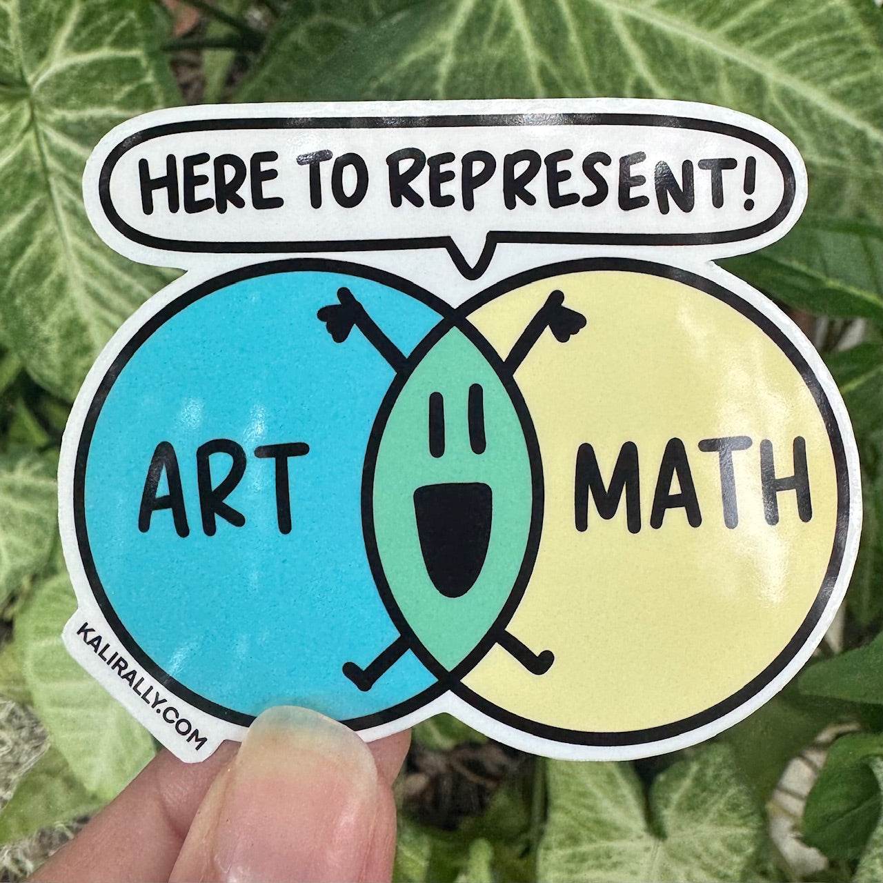 Art and Math Sticker featuring a cartoon Venn diagram with the phrase “Here to represent!” playful STEM and art decal by Kalirally