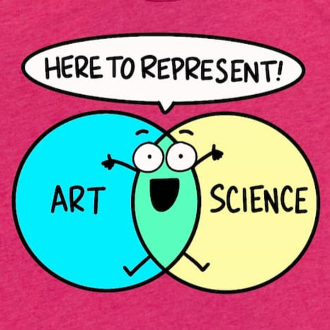 Close-up of a Heather Raspberry art and science shirt with cartoon character inside STEM/STEAM Venn diagram, by Kalirally