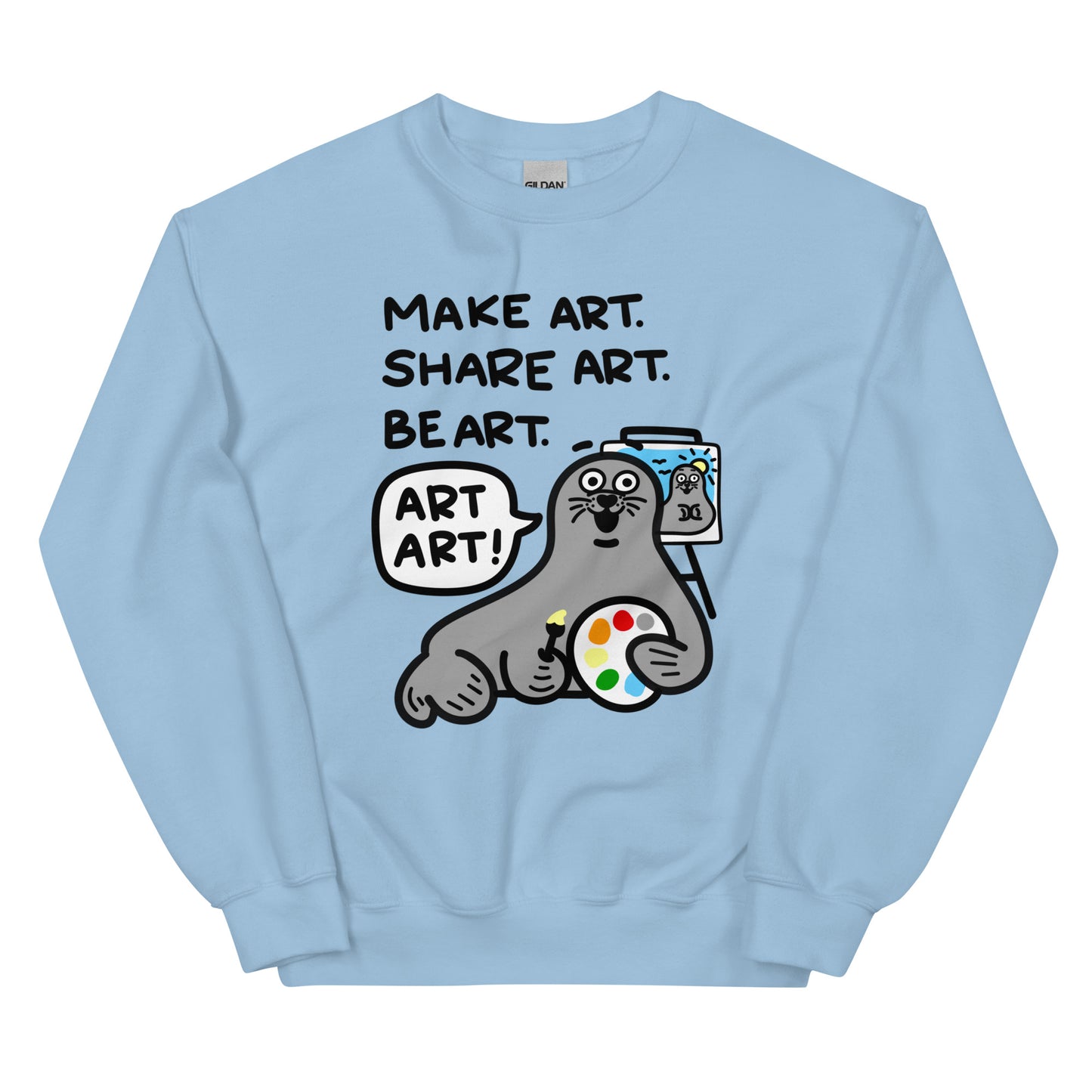 Unleash laughter and imaginative vibes with this Art Teacher T Shirt. Featuring a seal holding a color palette and a work in progress, it encourages to "Make art, share art, be art - ART ART!" Perfect for gifting to art teachers or expressing your personal artistic flair. Order now and let the creativity flow!
