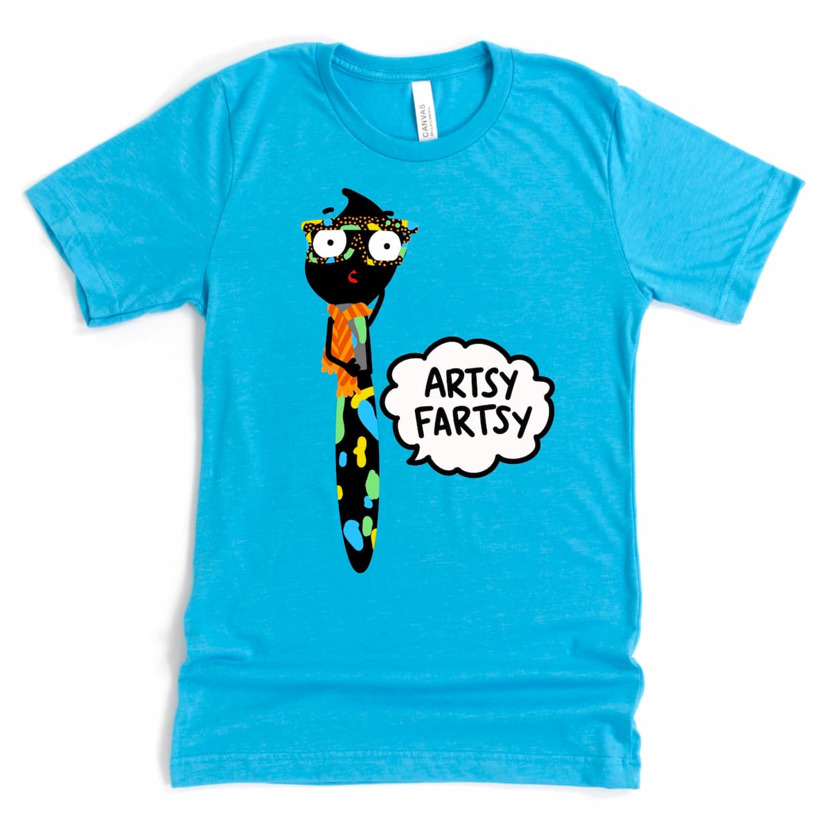 Artsy Fartsy Shirt in Heather Aqua with funny paintbrush cartoon and pun phrase, by Kalirally