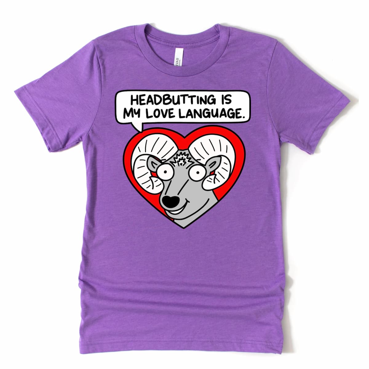 Heather Purple Astrology Valentine Shirt with cartoon ram’s head inside a heart and playful “Headbutting Is My Love Language” design, by Kalirally