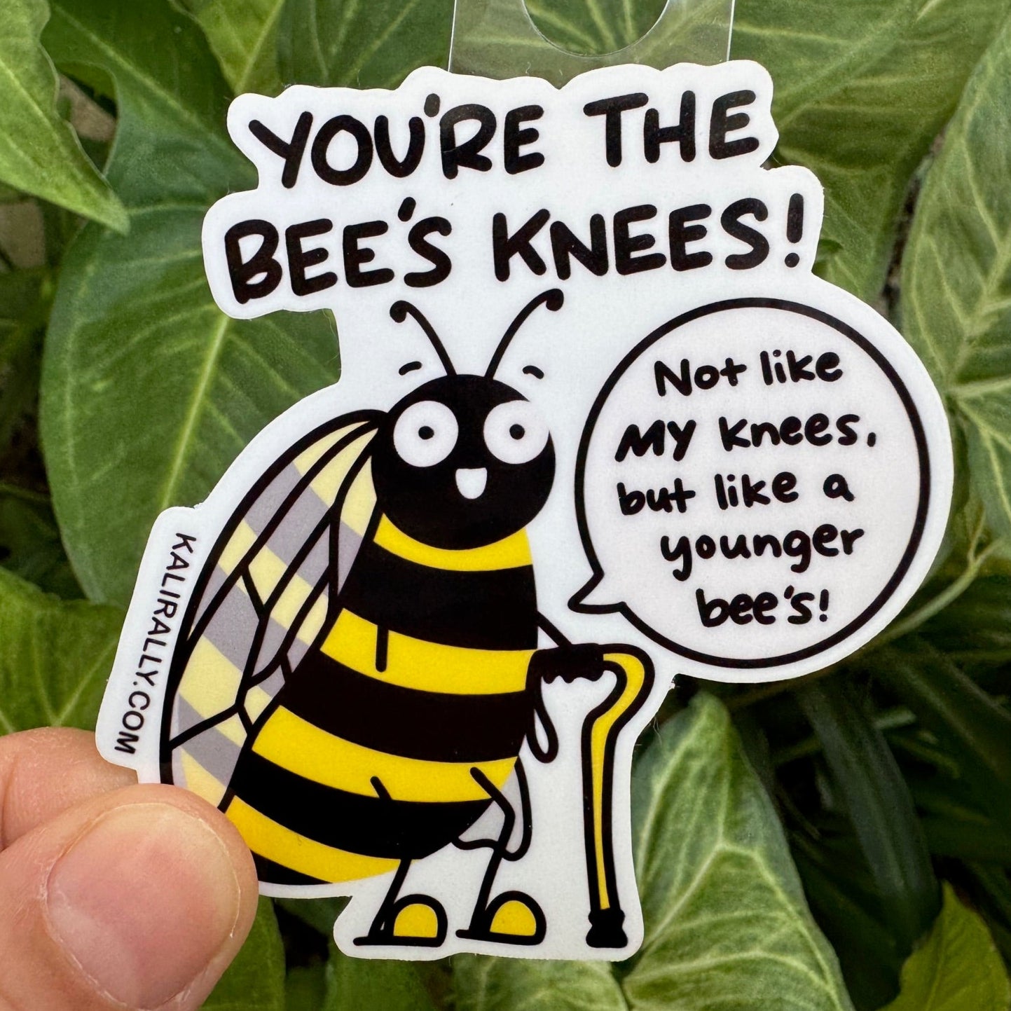 Funny vinyl sticker featuring bees and the phrase "Bad Knees," a twist on the classic "Bees Knees." Humorous pun decal for laptops, bottles, and notebooks by Kalirally.