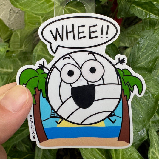 Cartoon beach volleyball sticker with smiling volleyball and "Whee!" text, funny sports decal for water bottles, laptops, and journals by Kalirally.