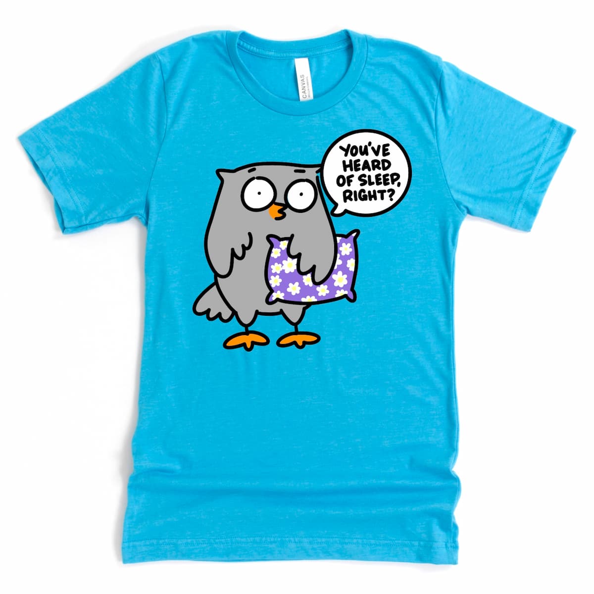 Heather Aqua Bedtime Shirt featuring cartoon owl with “You’ve Heard of Sleep, Right?” funny sleep graphic design by Kalirally