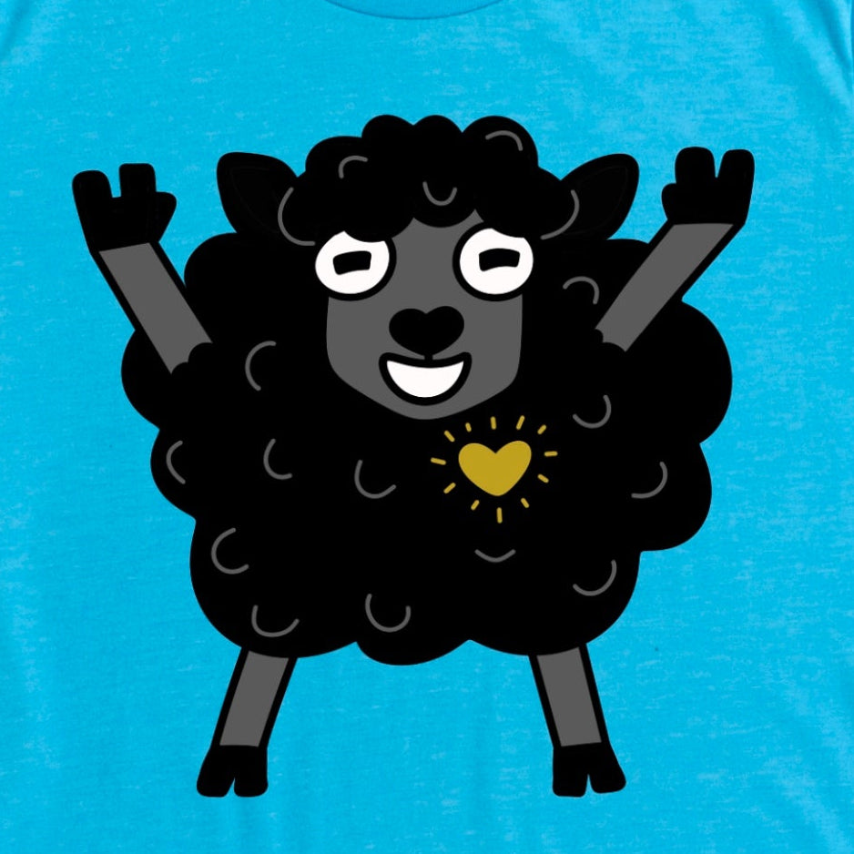 Close-up of cartoon black sheep with heart of gold doing rock and roll hands on heather aqua shirt Kalirally