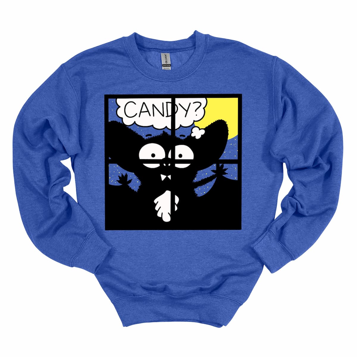 Blue sweatshirt featuring cute cartoon bat and “Candy?” text – Halloween sweatshirt for teachers and parents, by Kalirally.