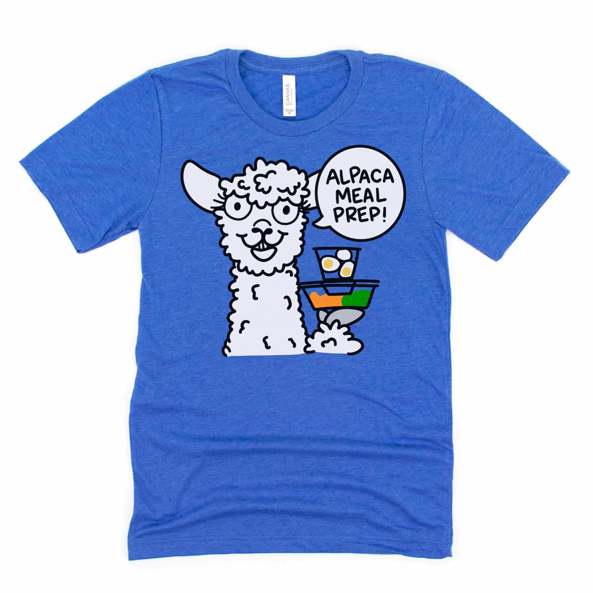 Cartoon alpaca holding meal prep containers on a blue gym shirt for bodybuilders