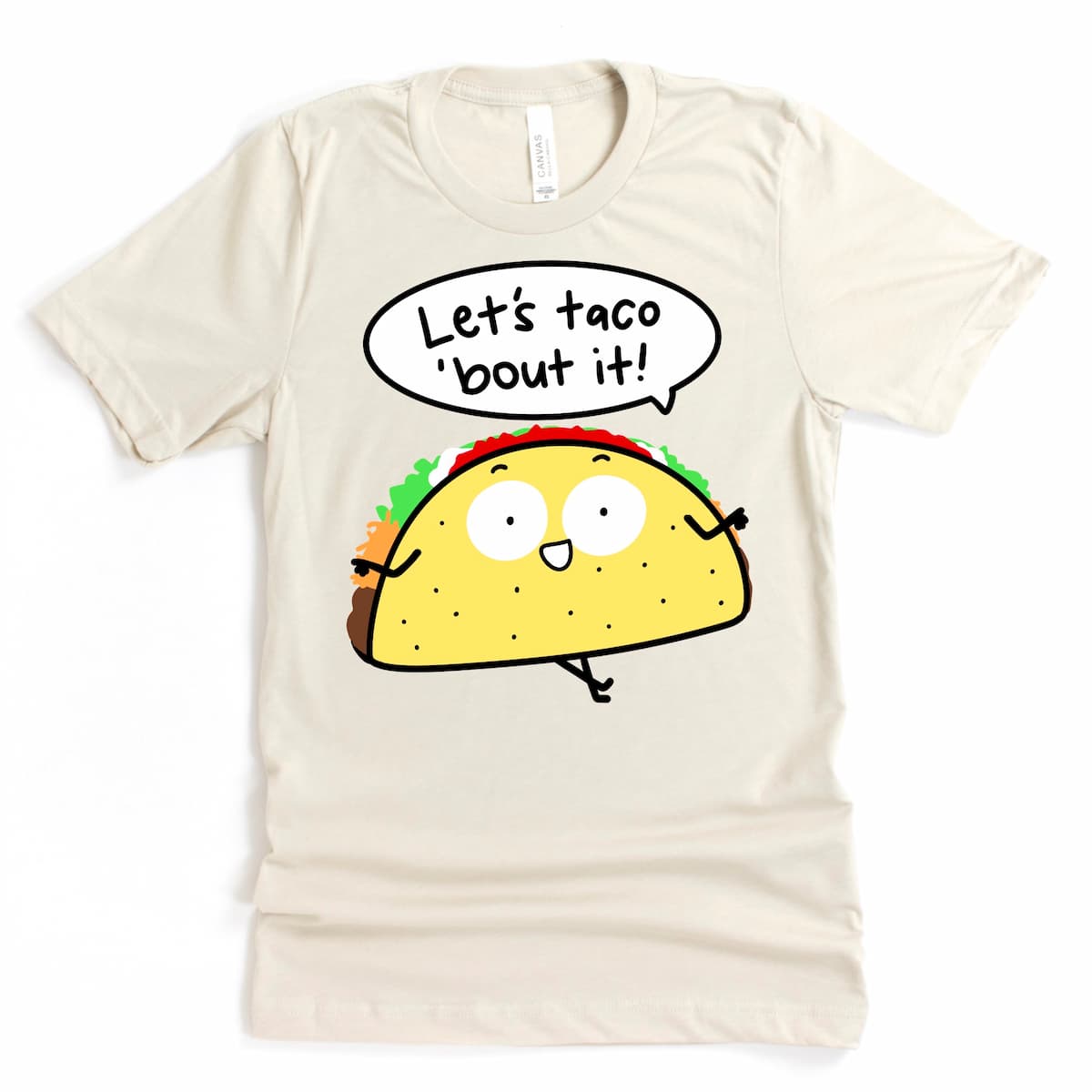 Bold taco pun graphic tee with cartoon taco in Heather Dust by Kalirally