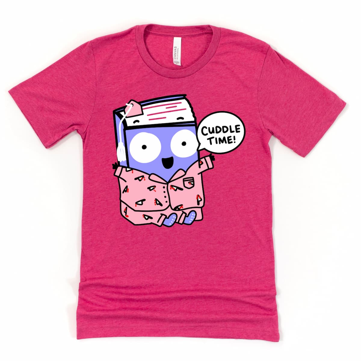 Book Club Crime Shirt in Heather Raspberry featuring cartoon book in pajamas with tiny bloody knives and “Cuddle Time!” phrase, by Kalirally