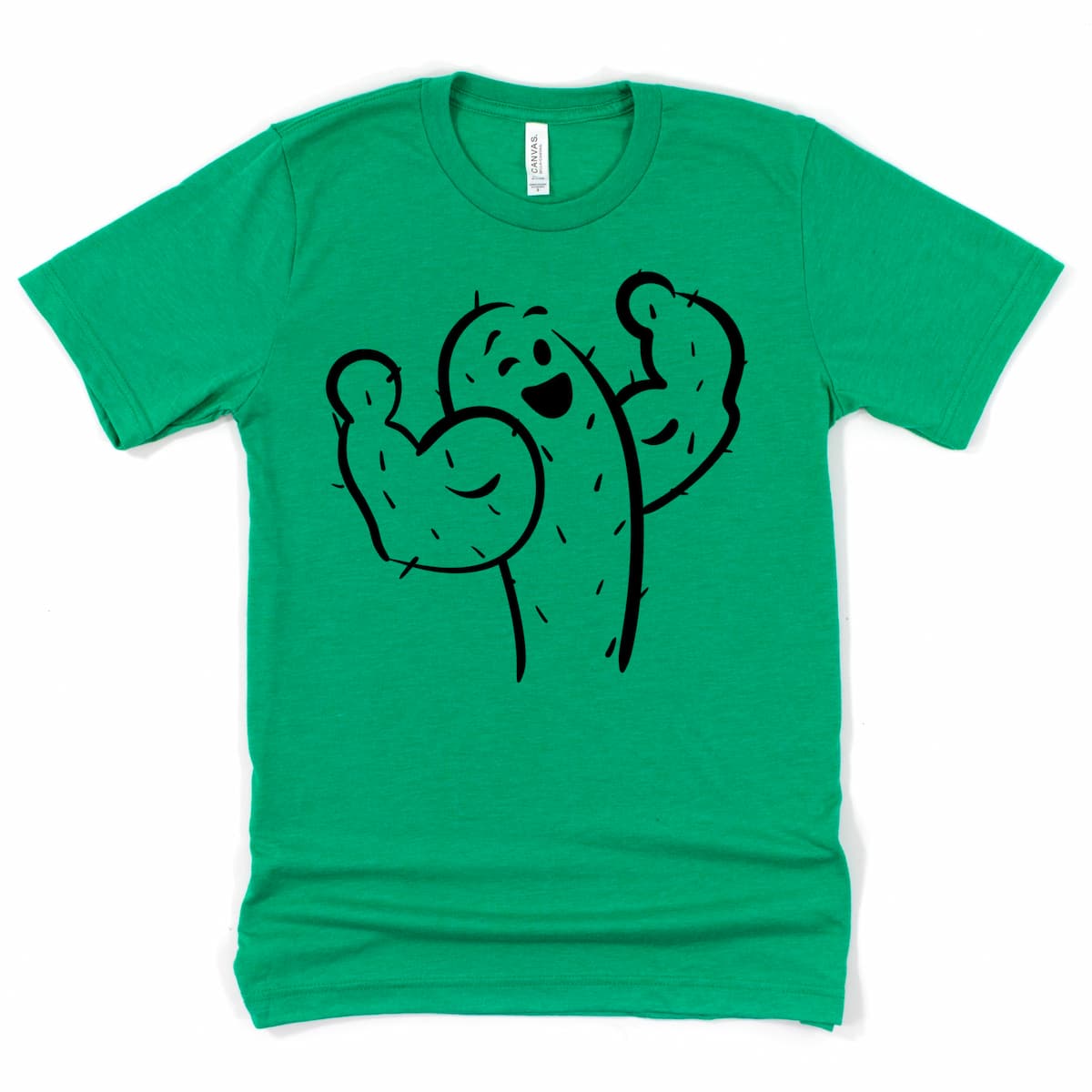 Heather Kelly Green t-shirt with a black outline of cartoon cactus flexing, by Kalirally