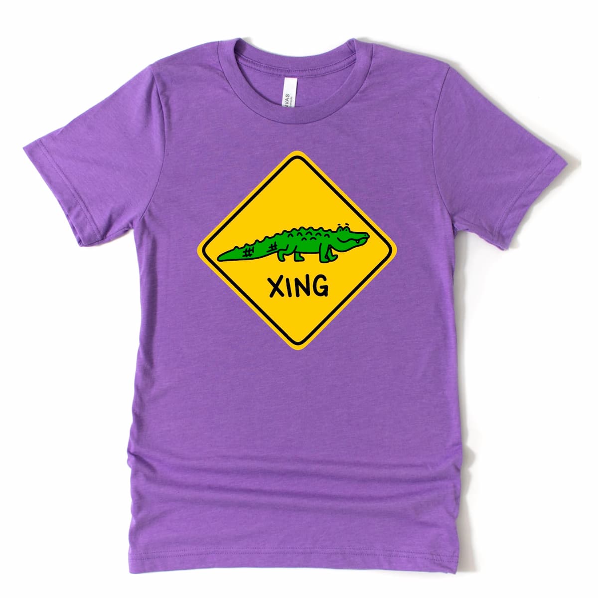 Cartoon Alligator XING Graphic T-Shirt in Heather Purple with a playful gator crossing design, by Kalirally