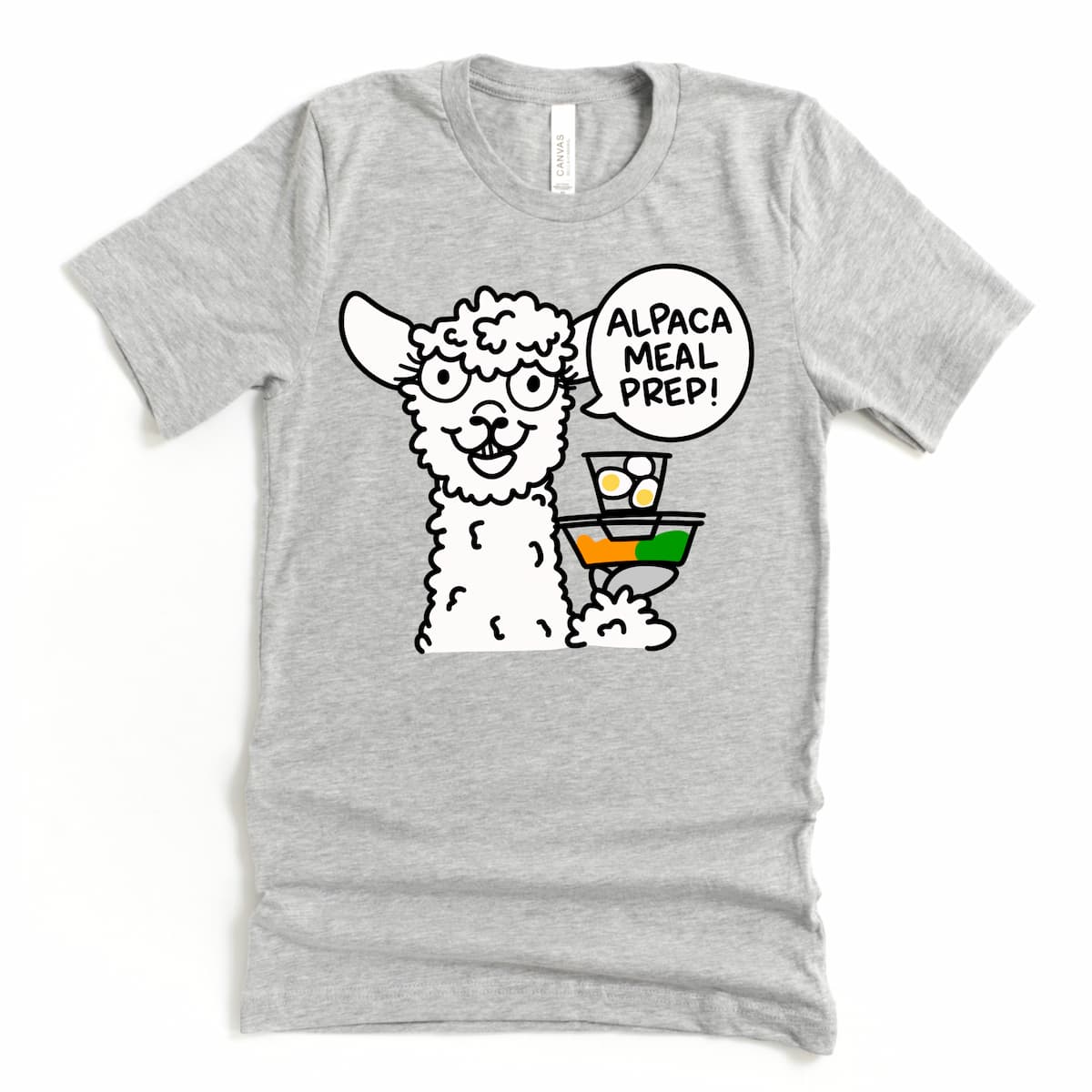 Athletic grey cartoon tee with alpaca and meal prep containers, perfect for bodybuilding