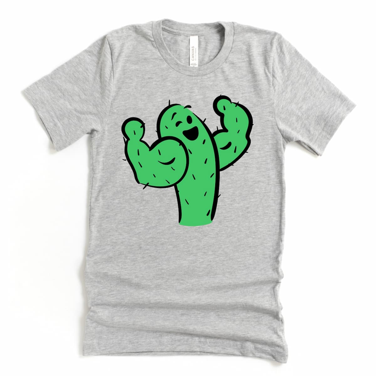 Athletic grey unisex t shirt with a cartoon cactus flexing, a cute cactus shirt for anyone who wants to share a smile, by Kalirally
