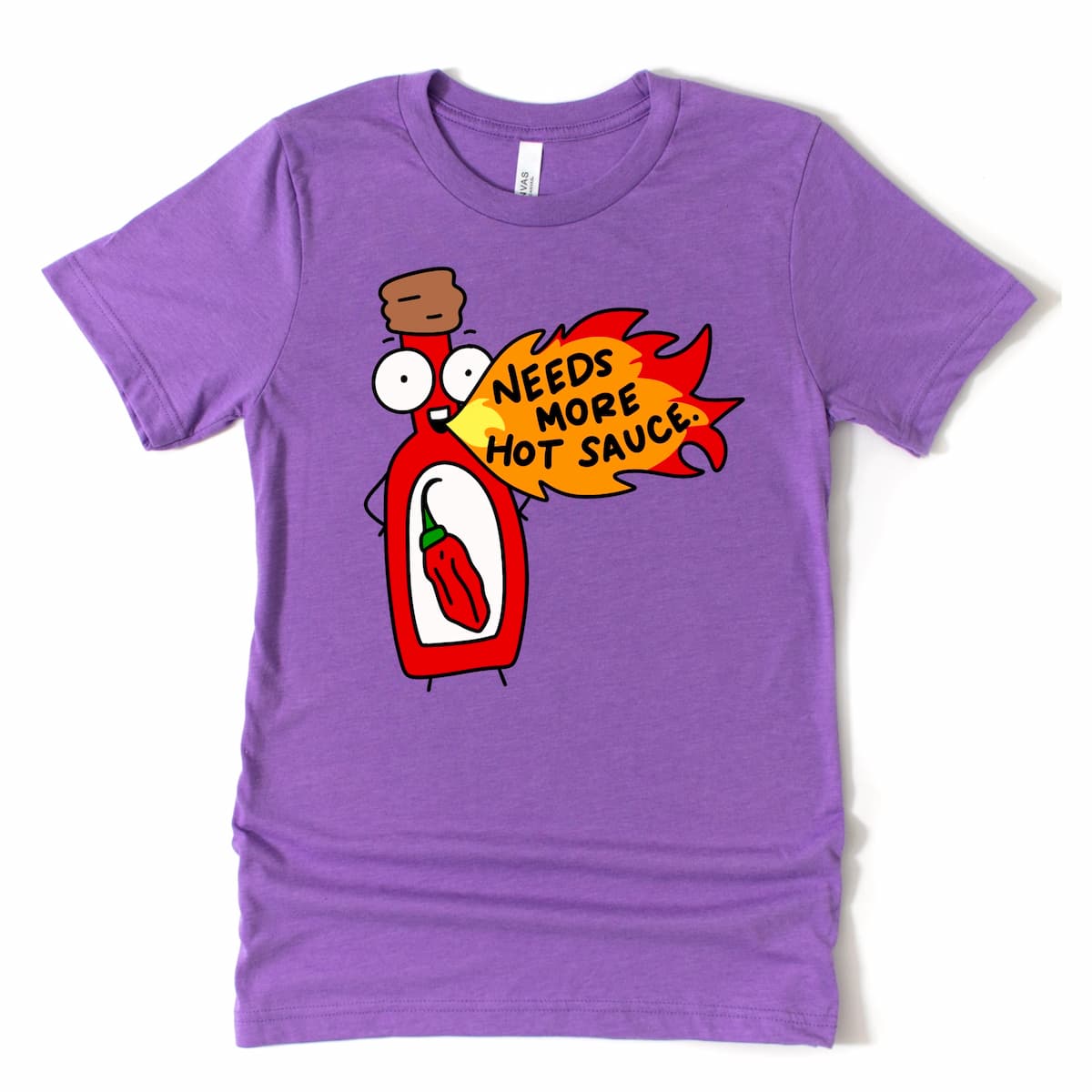 Cartoon Hot Sauce Shirt in Heather Purple with humorous hot sauce bottle design, by Kalirally