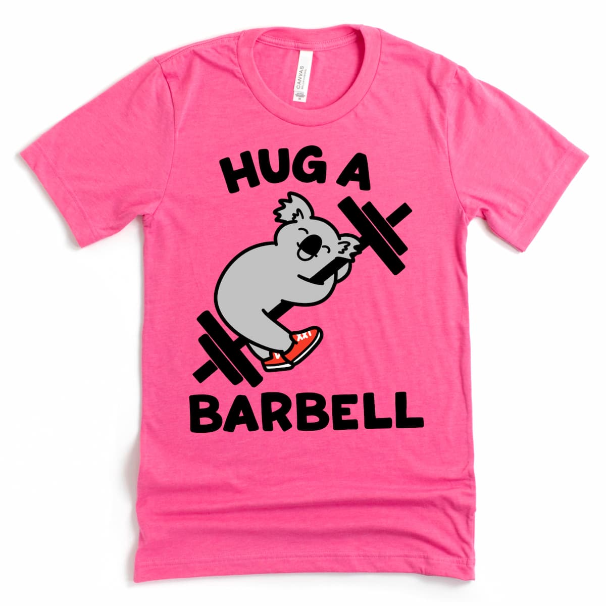 Cute and strong women’s workout t-shirt with a lifting koala – Saturated Pink, by Kalirally