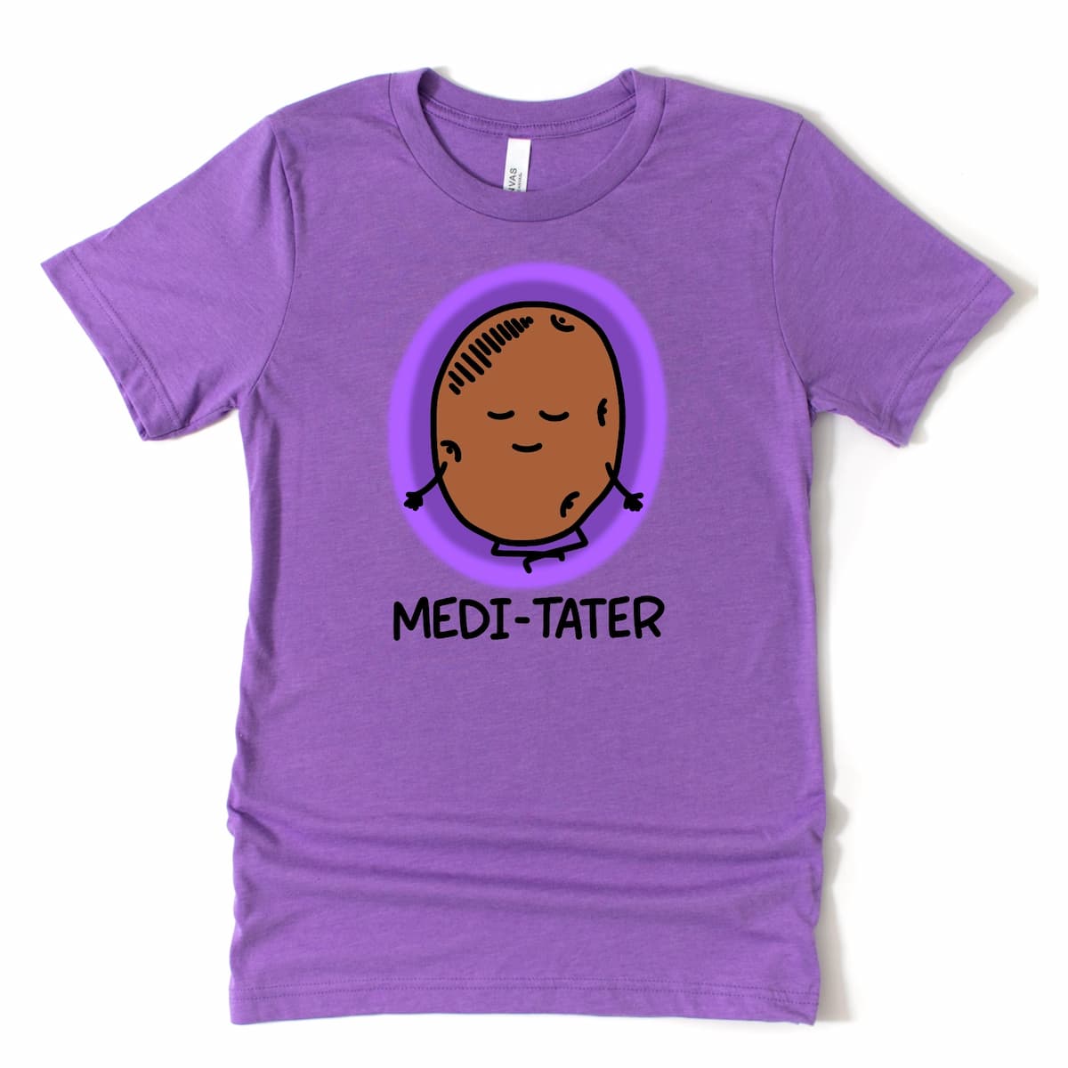 Heather Purple meditation shirt with cute cartoon potato character sitting cross-legged in a calming pose, by Kalirally