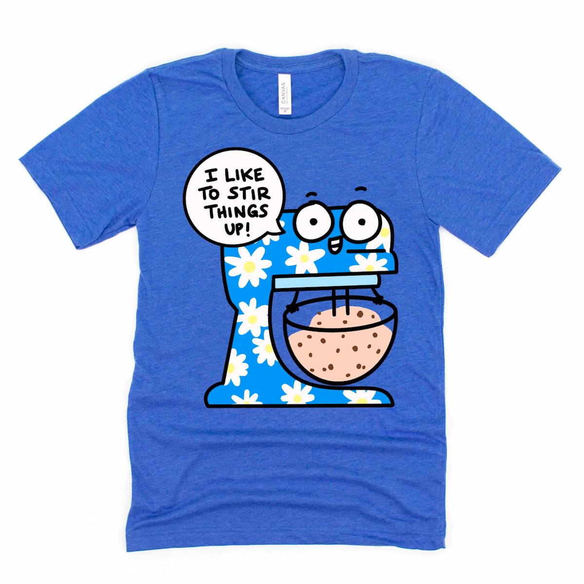 Cartoon mixer graphic baking tee with pun phrase in Heather True Royal by Kalirally