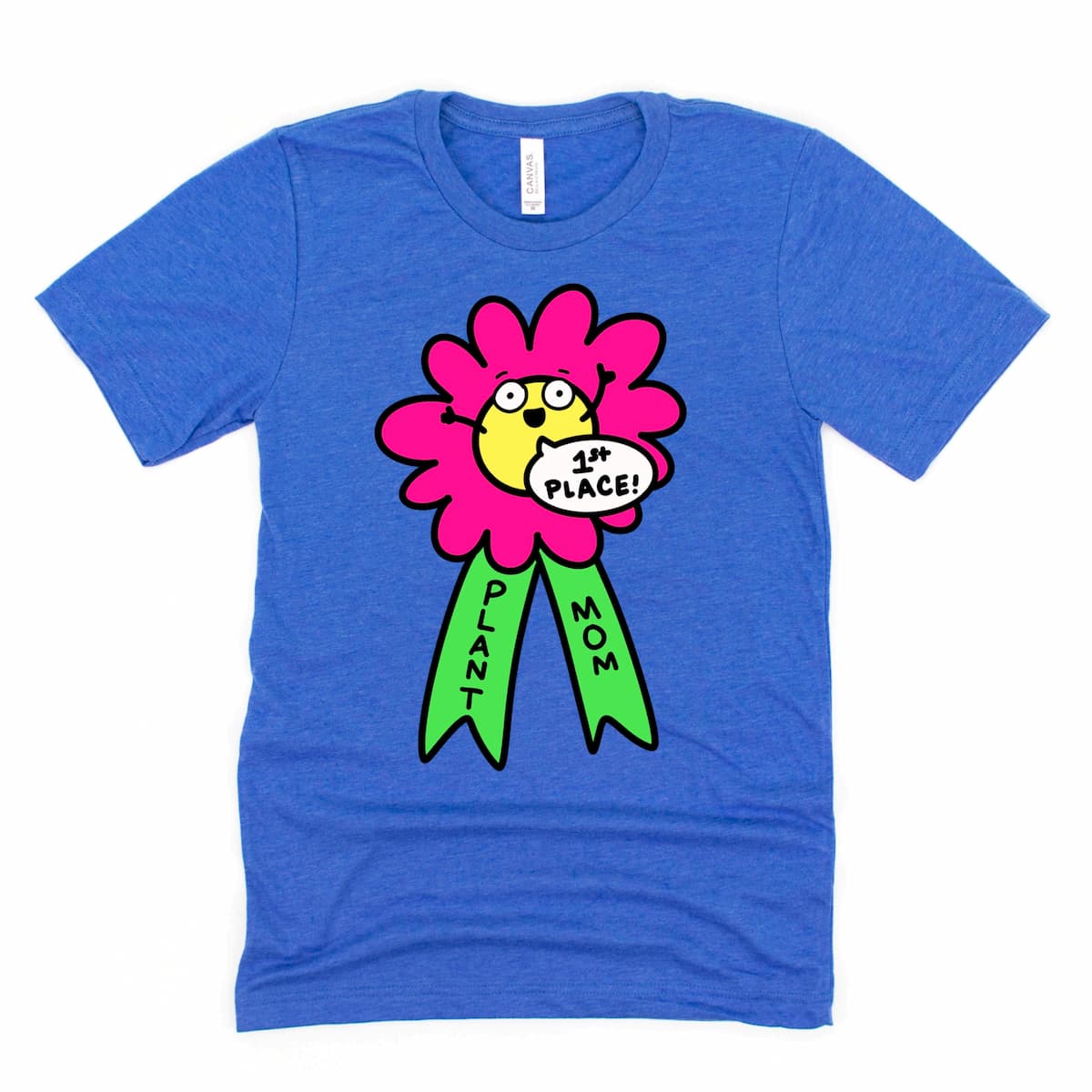 Heather True Royal Blue cartoon Plant Mom shirt showing first place flower ribbon with “1st Place” and “Plant Mom” text, by Kalirally