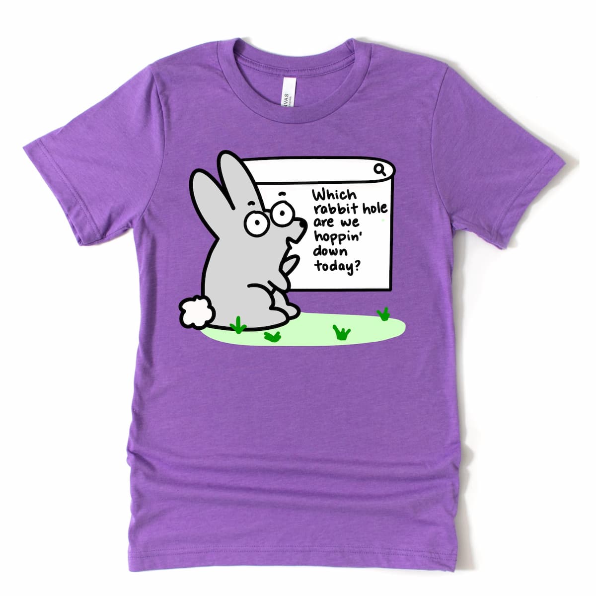 Cartoon rabbit hole humor t-shirt in Heather Purple by Kalirally