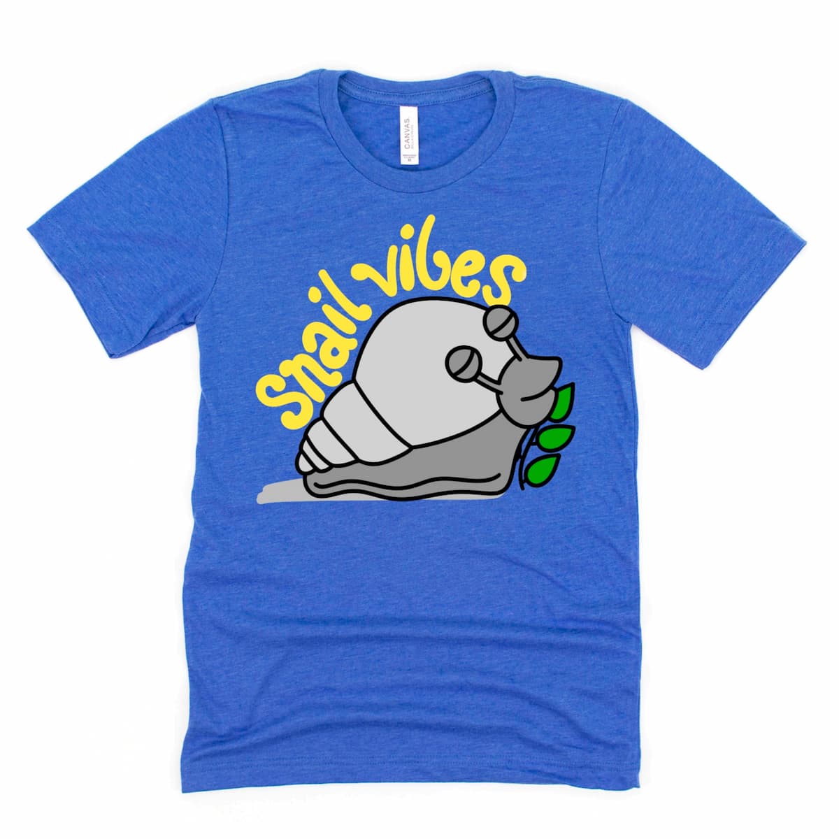 Heather Royal Blue Snail Shirt featuring whimsical snail graphic and “Snail Vibes” design, by Kalirally