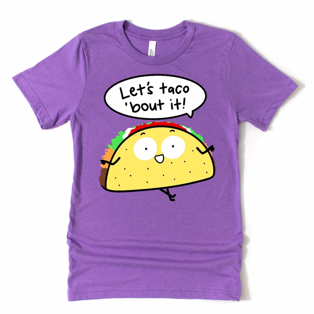 Cartoon taco humor shirt with “Let’s taco ’bout it!” pun in Heather Purple by Kalirally