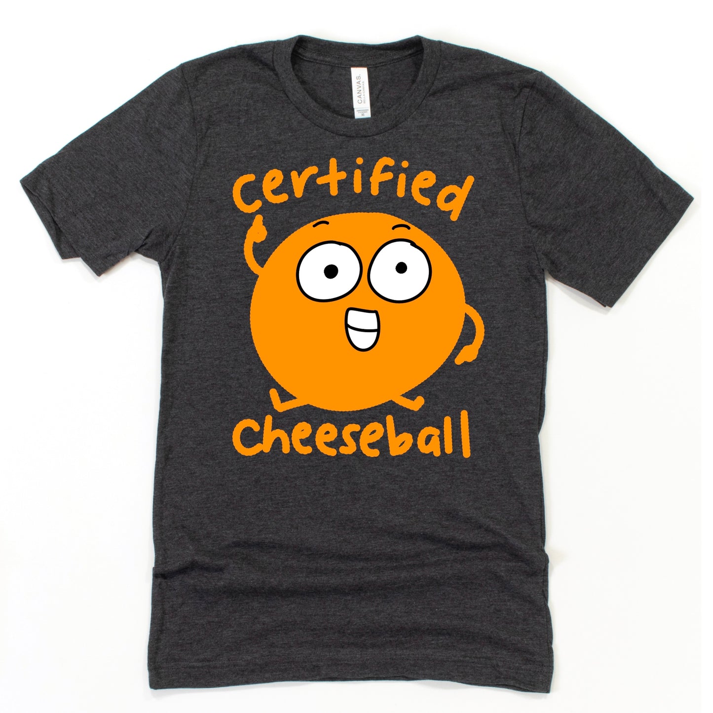 Cheeseball Shirt in Heather Dark Grey featuring cartoon cheese puff with a goofy grin, perfect for snack lovers and dad joke fans, by Kalirally
