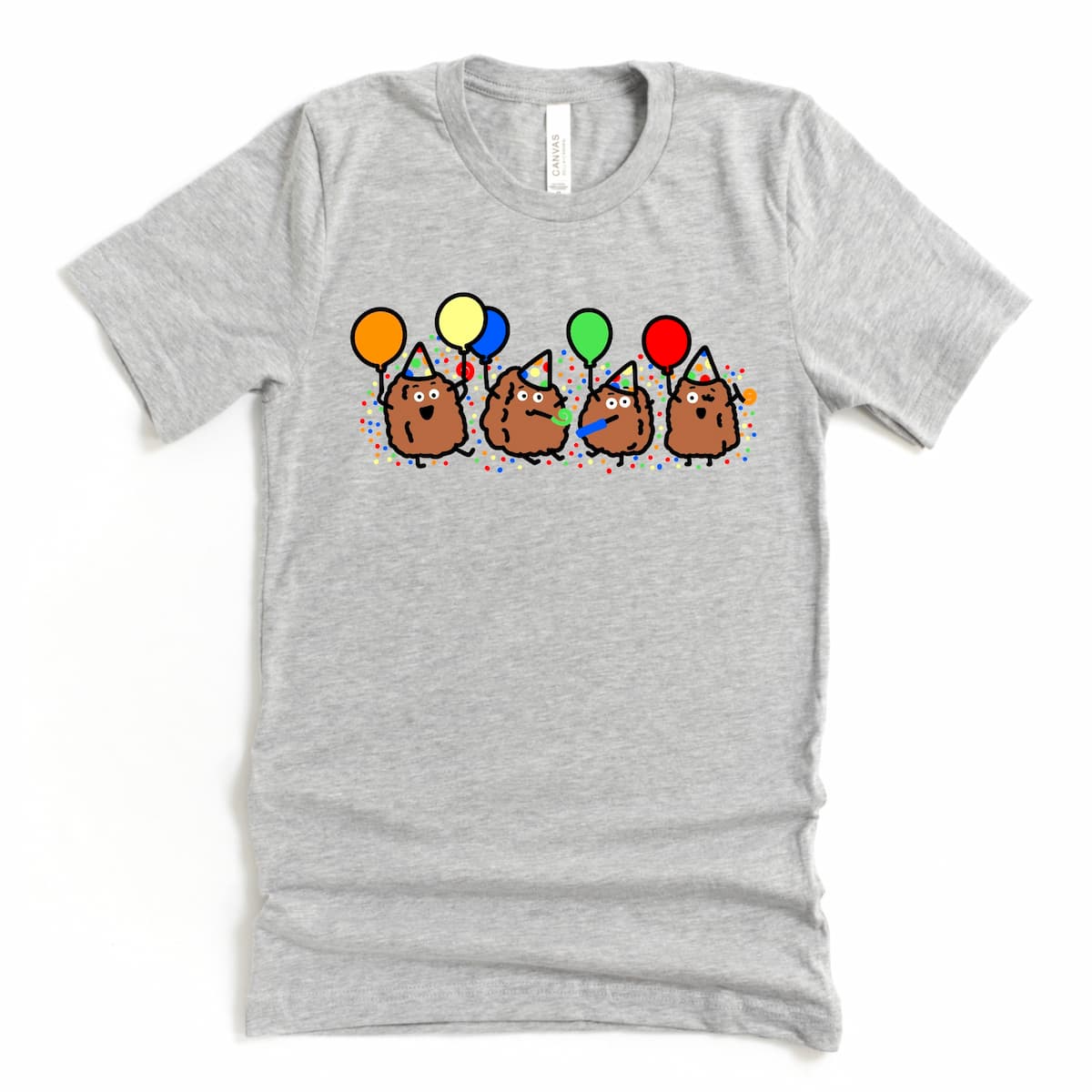 Heather Athletic Grey Chicken Nugget Shirt with cartoon nuggets celebrating, fun birthday and party shirt by Kalirally