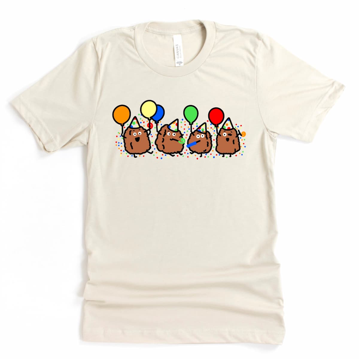 Heather Dust Chicken Nugget Shirt featuring four cartoon nuggets celebrating with balloons and noisemakers, cute funny birthday tee by Kalirally