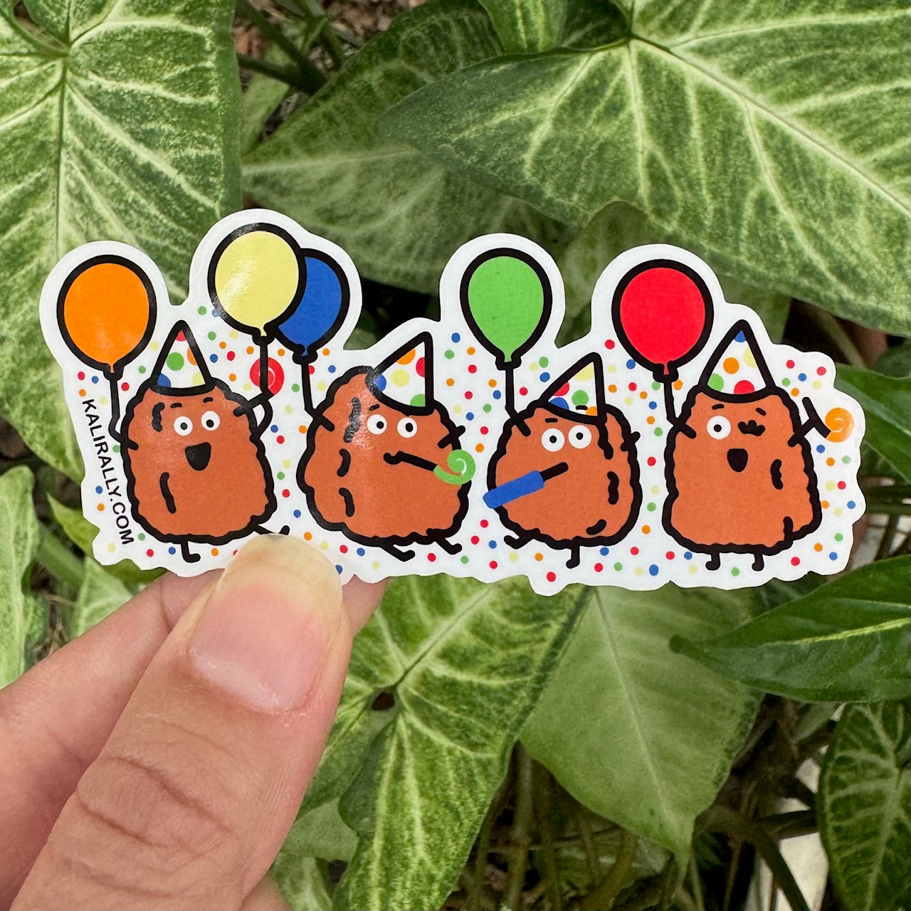 A picture of a Chicken Nugget Sticker with four cartoon nuggets at a birthday party, with balloons and confetti β fun birthday party decal.