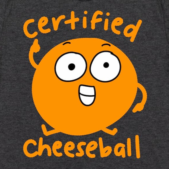 Close-up of Cheeseball Shirt in Heather Dark Grey showing cartoon cheese puff design with cheesy grin, by Kalirally
