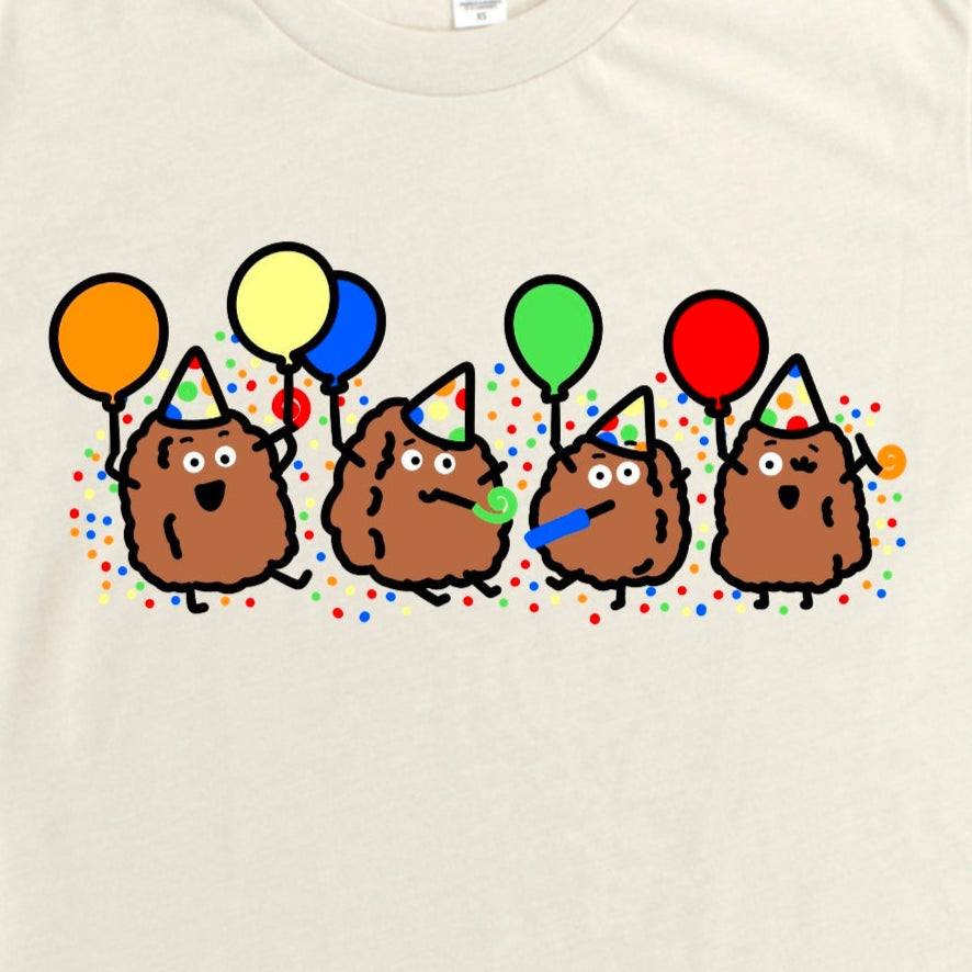 Close-up of Heather Dust Chicken Nugget Shirt showing four cartoon nuggets with balloons and noisemakers, funny birthday tee by Kalirally