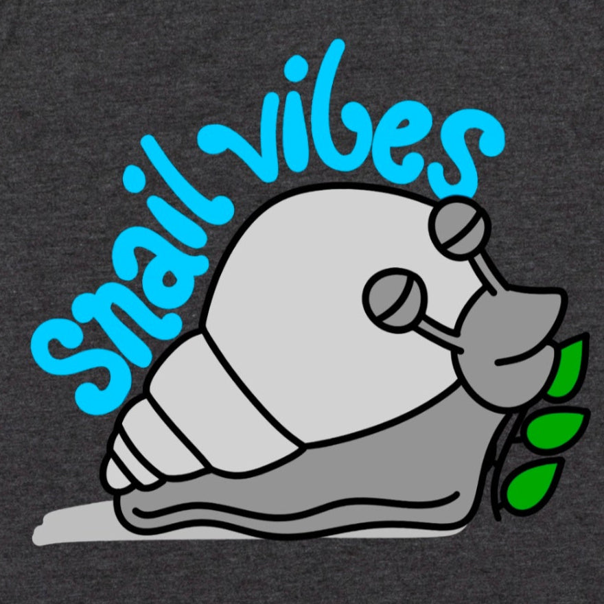 Close-up of Heather Dark Grey Snail Shirt showing cartoon snail with “Snail Vibes” graphic, playful gardening or casual shirt by Kalirally