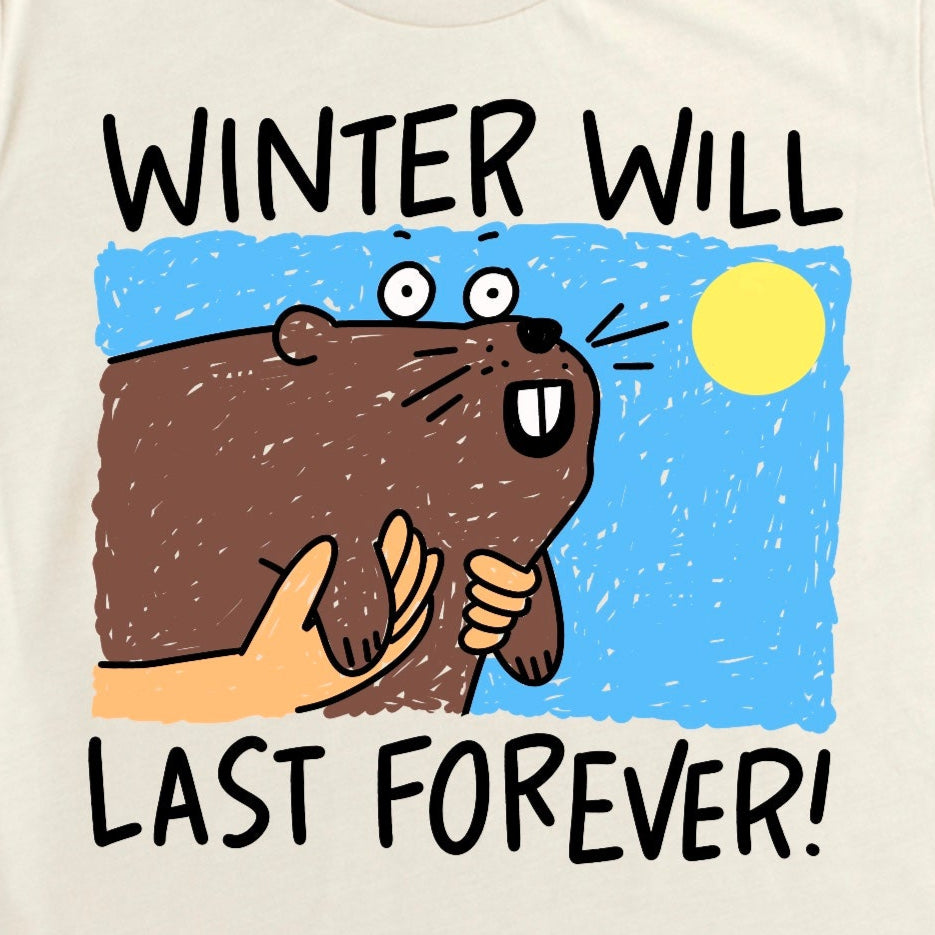 Close-up of Pennsylvania Shirt in Heather Dust showing Punxsutawney Phil cartoon with quirky Groundhog’s Day winter design, by Kalirally