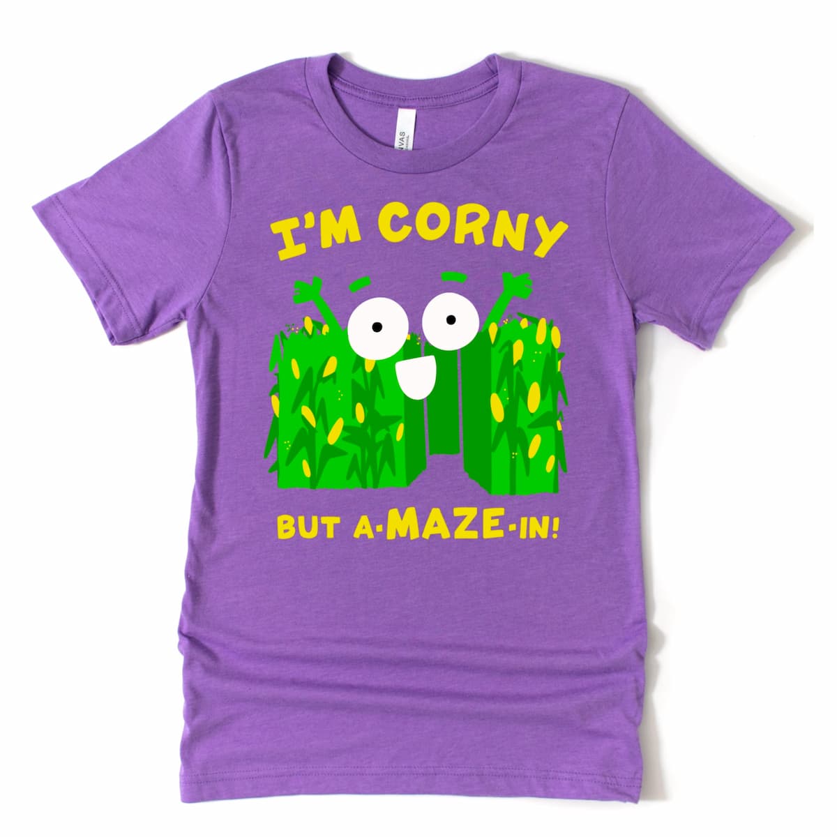 Corn Maze Shirt in Heather Purple with cartoon corn maze design and “Corny but A-MAZE-in!” phrase, funny fall dad joke tee by Kalirally