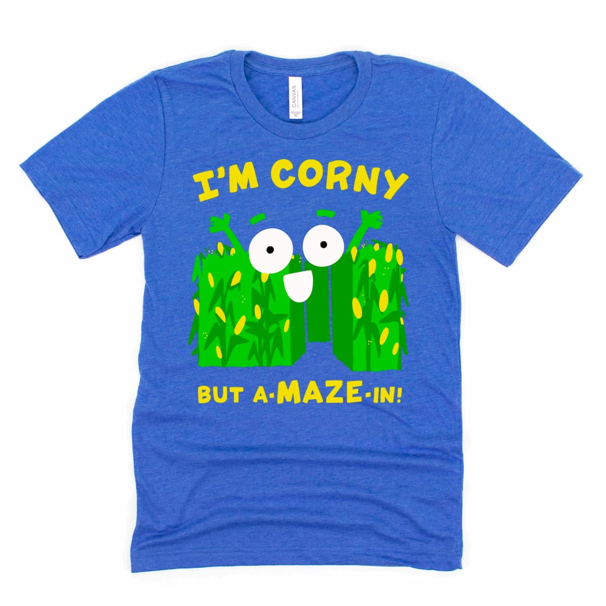 Corn Maze Shirt in Heather Royal Blue featuring cartoon corn maze with “Corny but A-MAZE-in!” pun, perfect for fall festivals and corn mazes by Kalirally