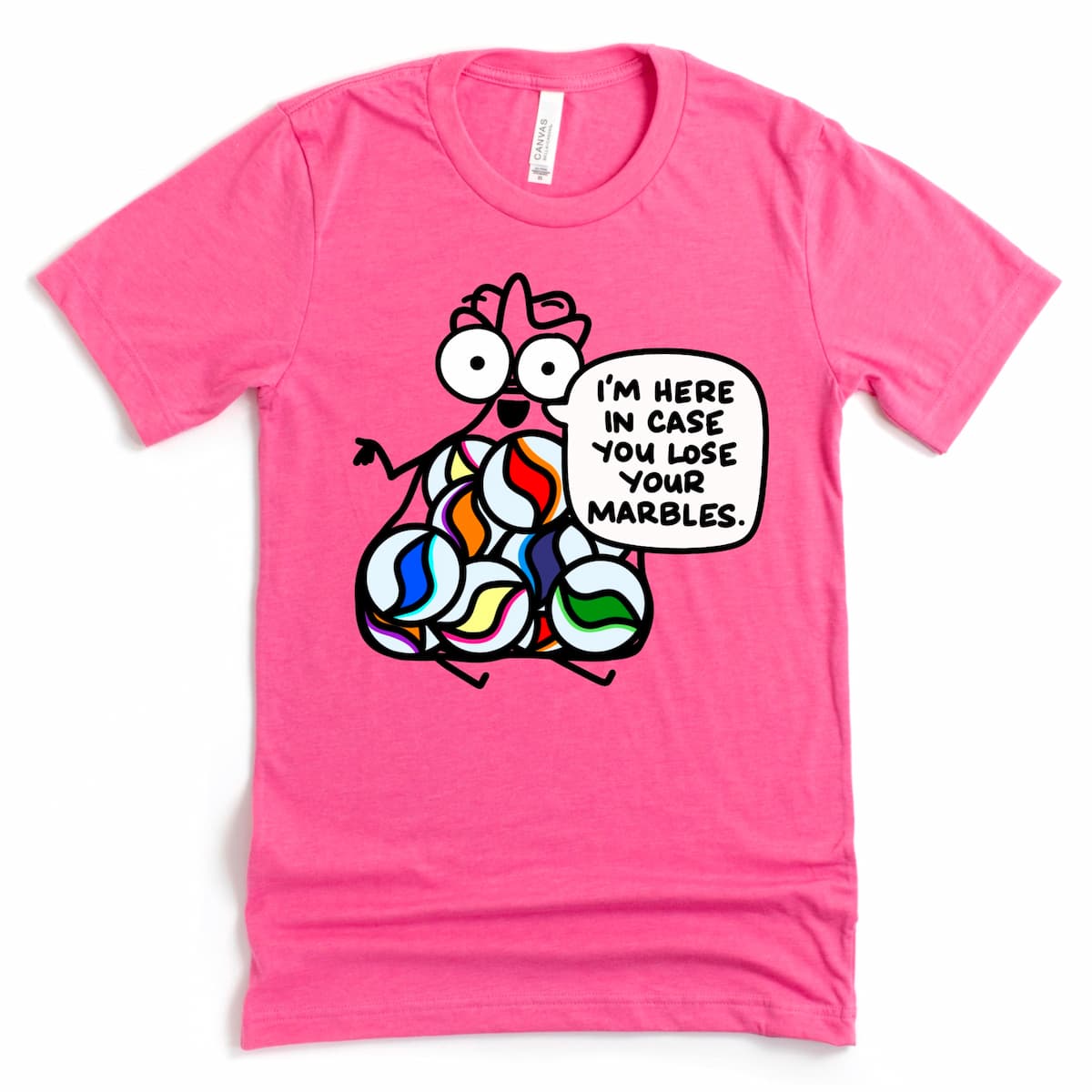 Heather Charity Pink Fun Coworker Shirt featuring cartoon bag of marbles and “I’m here in case you lose your marbles” phrase, by Kalirally