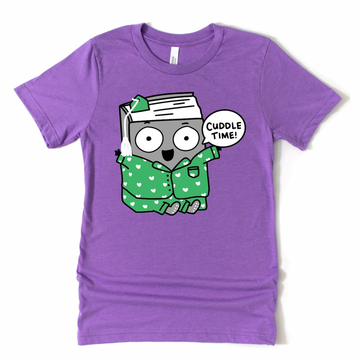 Cozy Bookish Shirt in Heather Purple with a cartoon book in pajamas and “Cuddle time!” phrase, perfect gift for readers, by Kalirally