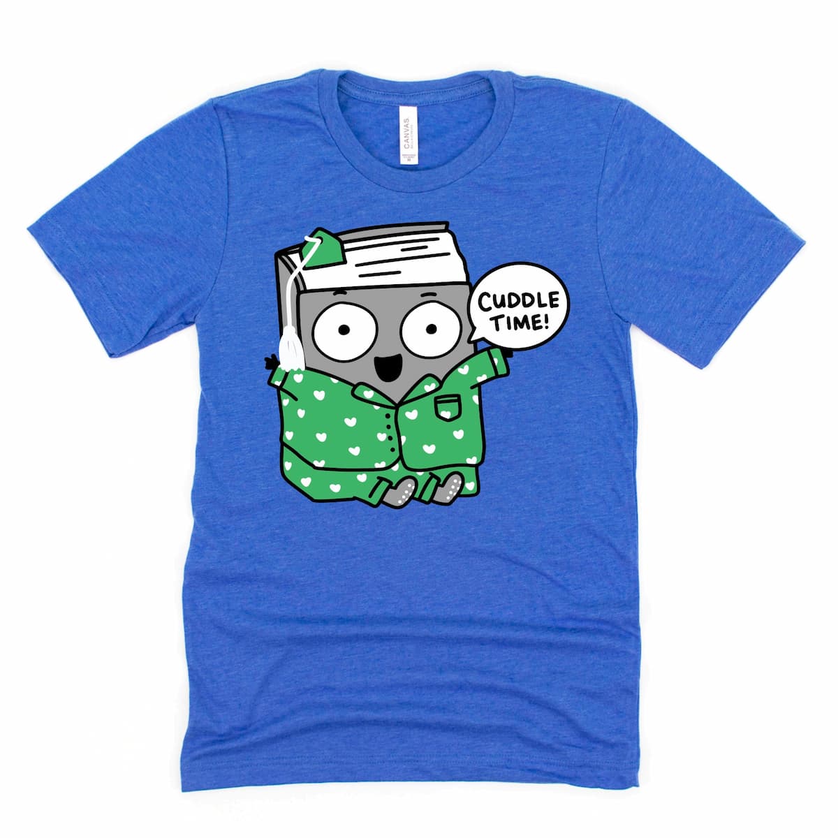 Cozy Bookish Shirt in Heather Royal Blue with a cartoon book in cozy pajamas and cheerful “Cuddle time!” design, by Kalirally
