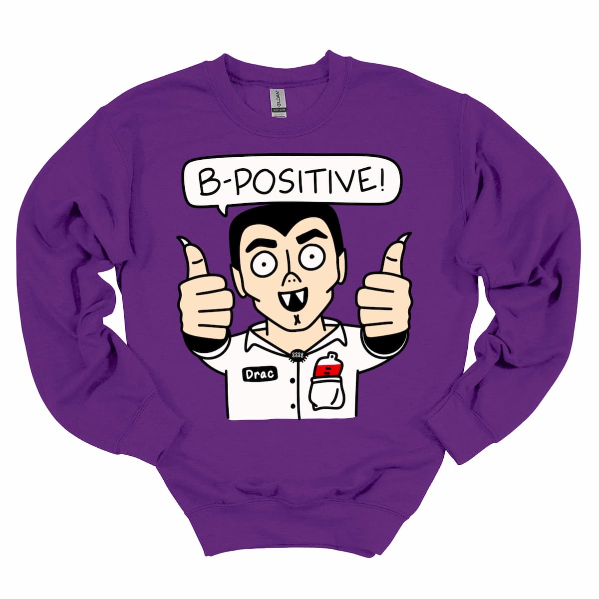 Purple “B-Positive” Vampire Sweatshirt, festive Halloween crewneck for women, teachers, and moms – by Kalirally