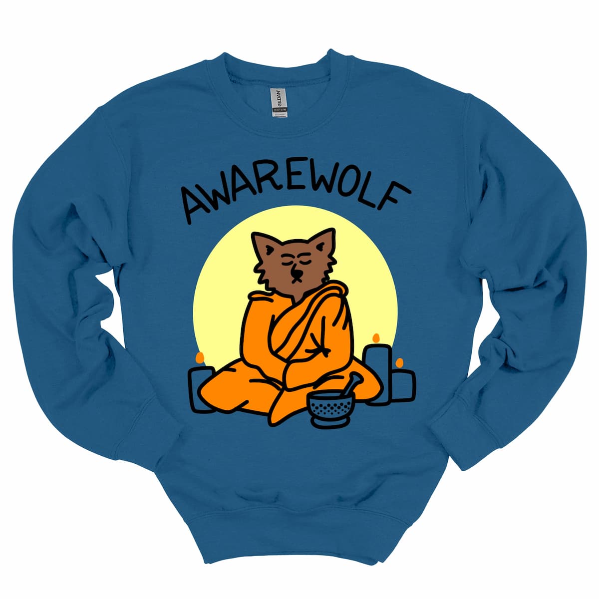 Indigo Blue Awarewolf Halloween Yoga Sweatshirt, festive women’s crewneck for yoga, teachers, and parents – by Kalirally