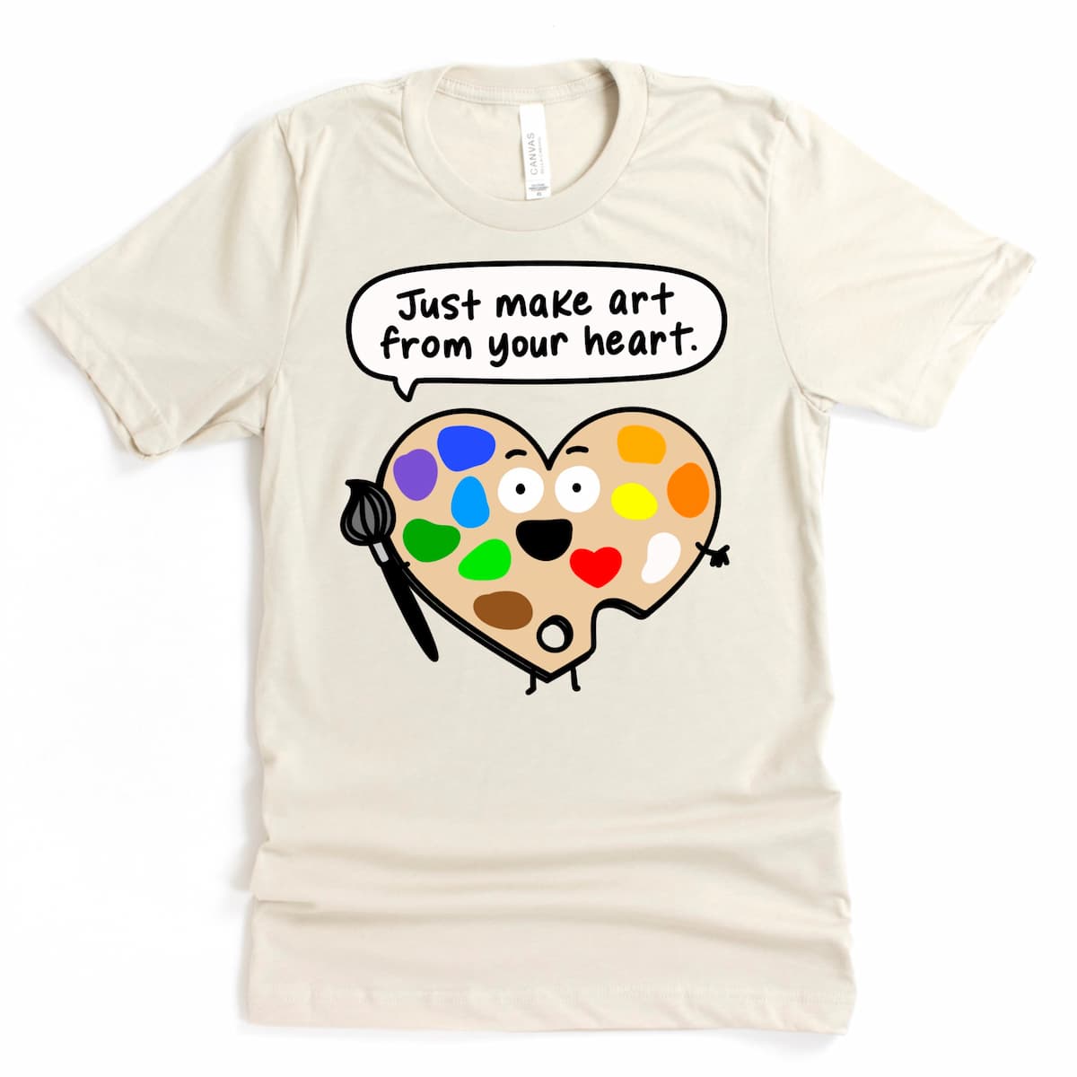 Creative palette art teacher t-shirt with “Just make art from your heart” design in Heather Dust by Kalirally