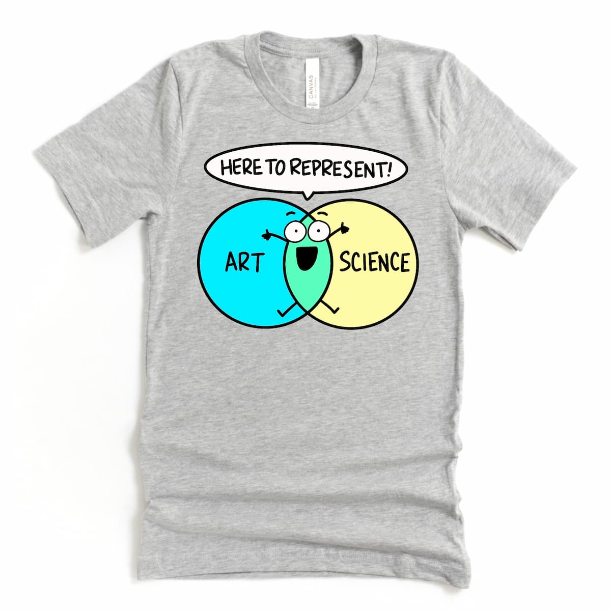 Athletic Grey creative science shirt featuring colorful art and science overlap with cartoon character, by Kalirally