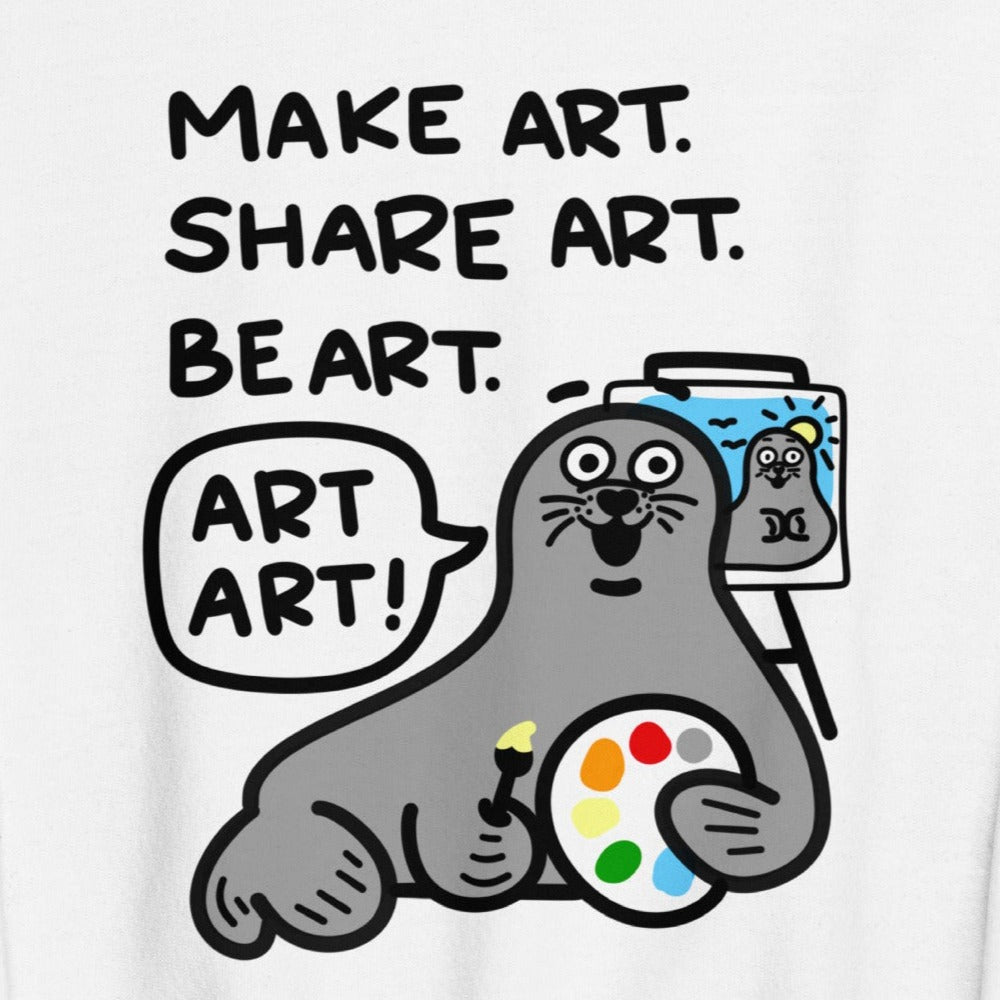 Spread creativity and joy with this "Art Teacher T Shirt"! Featuring a playful seal holding a color palette and a work in progress, it urges you to "Make art, share art, be art - ART ART!" Perfect for gifting to an art teacher or showing off your own artistic side. Get yours today!