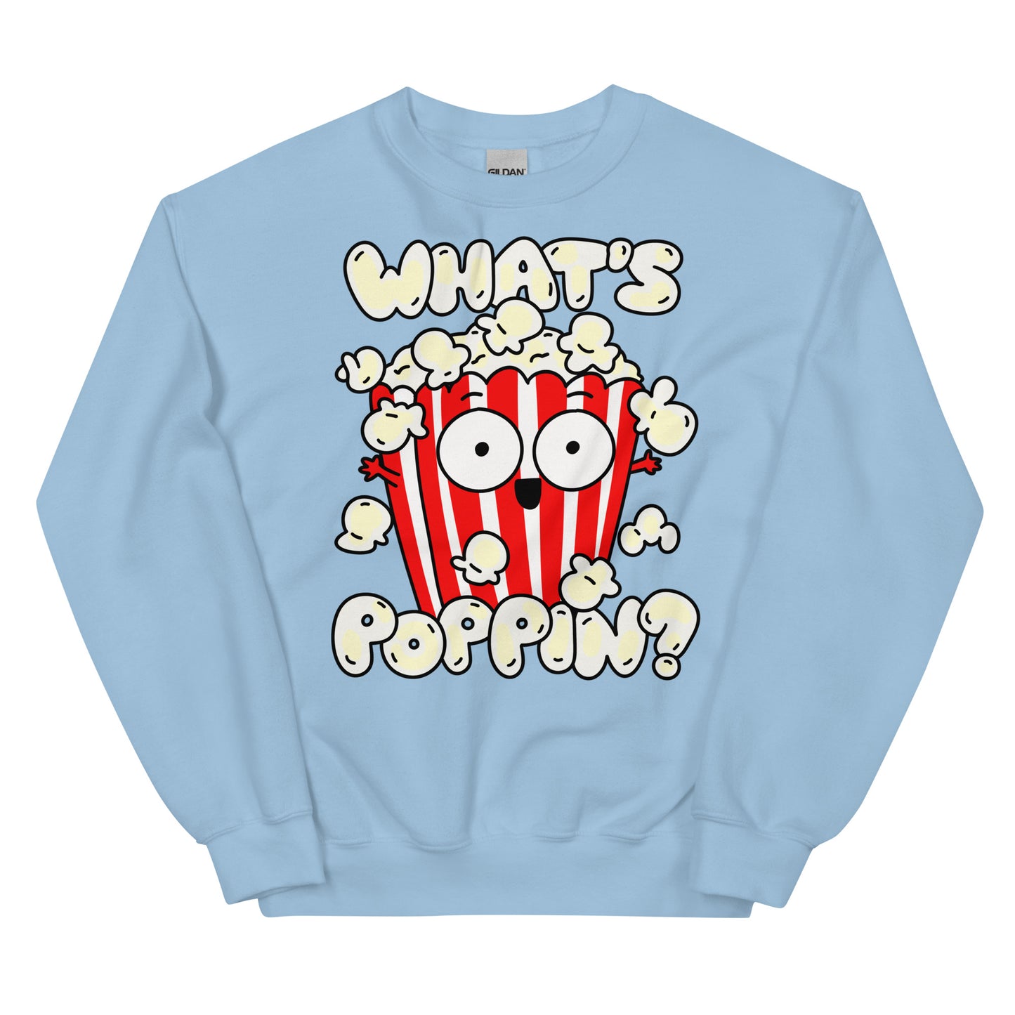 Keep warm and trendy with the Funny Popcorn Sweatshirt in light blue. With its witty "What's poppin!?" design, this sweatshirt is a must-have for those who enjoy clever puns. Crafted from cozy materials, it's the ideal pick for a laid-back outing or a cozy night in.