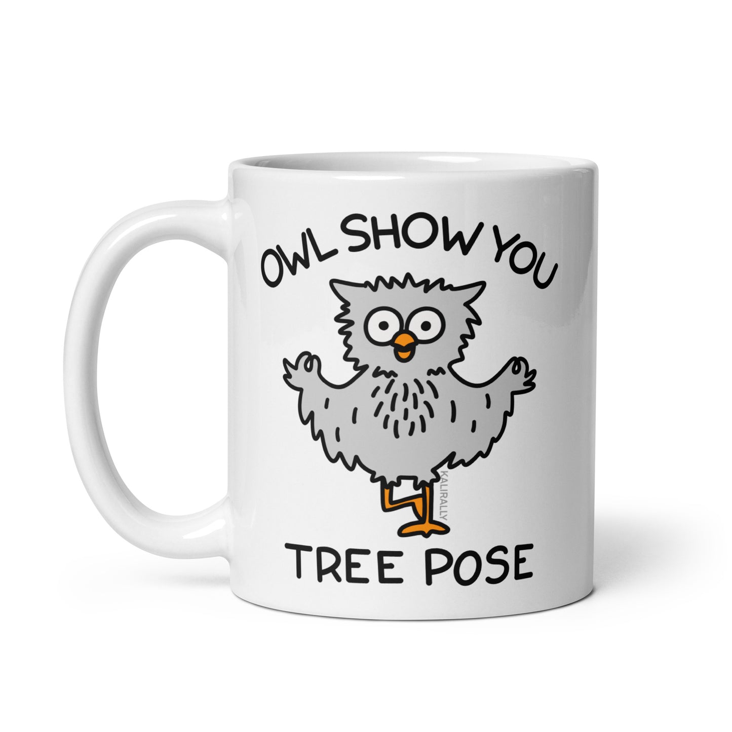 Inspire your yoga practice with our Cute Yoga Mug - "Owl show you tree pose" White glossy mug. This charming mug features a playful owl design and a motivational message. Perfect for enjoying your morning coffee or tea, this mug will bring a touch of positivity to your day.